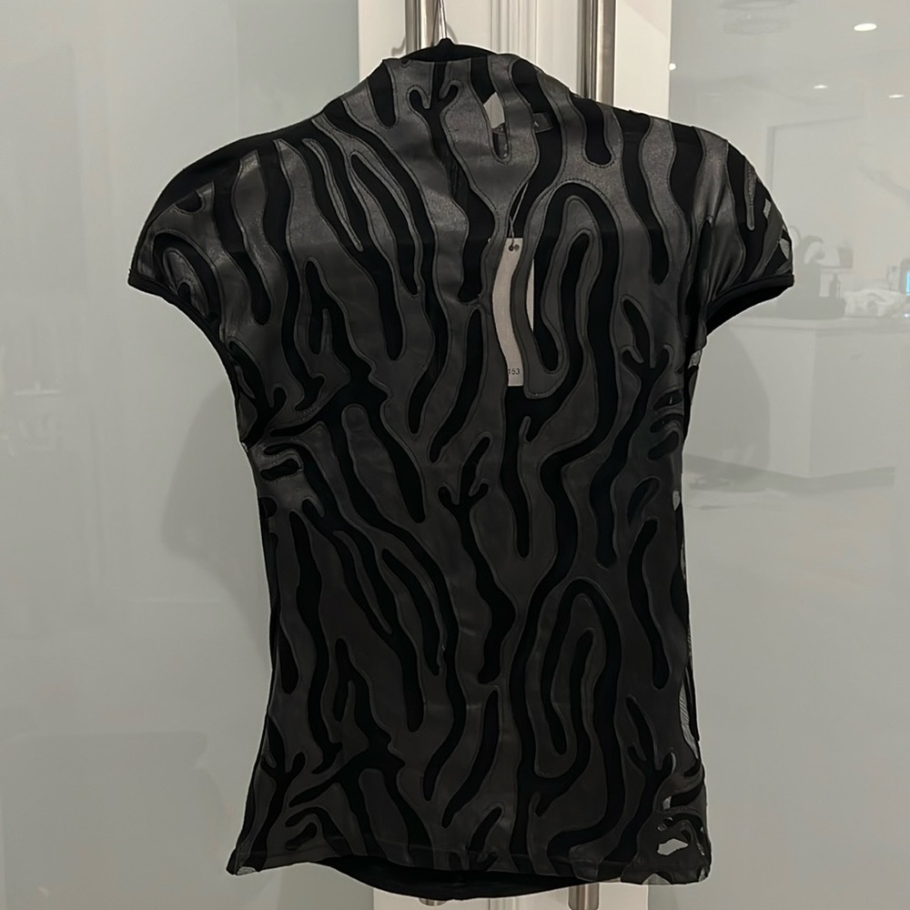 NWT Gracia Leather & Sheer Top. Size S. Black.